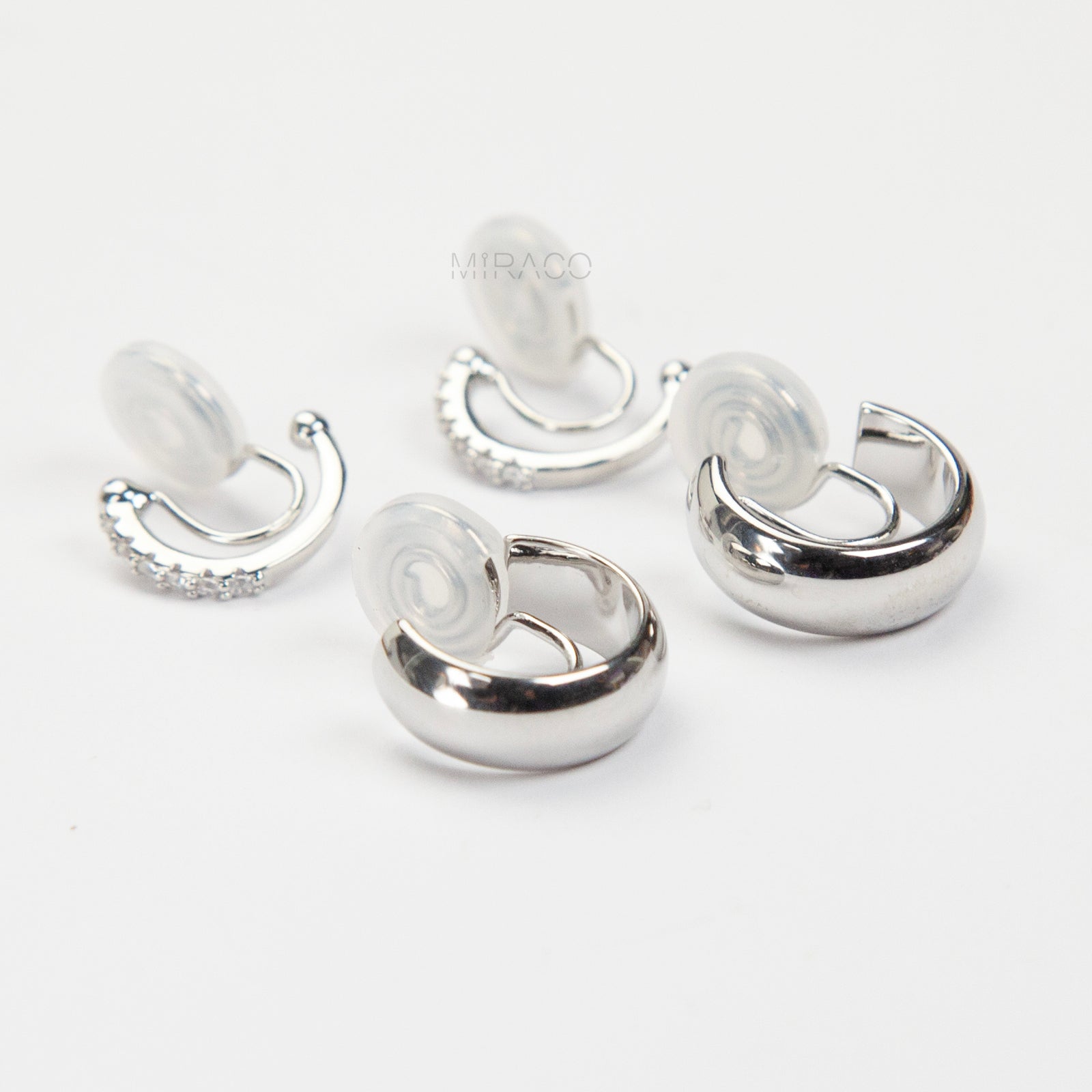 Silver Crystal Huggie Clip On Earrings - Rhinestone Half Hoop, Non-Pierced, Curved Design