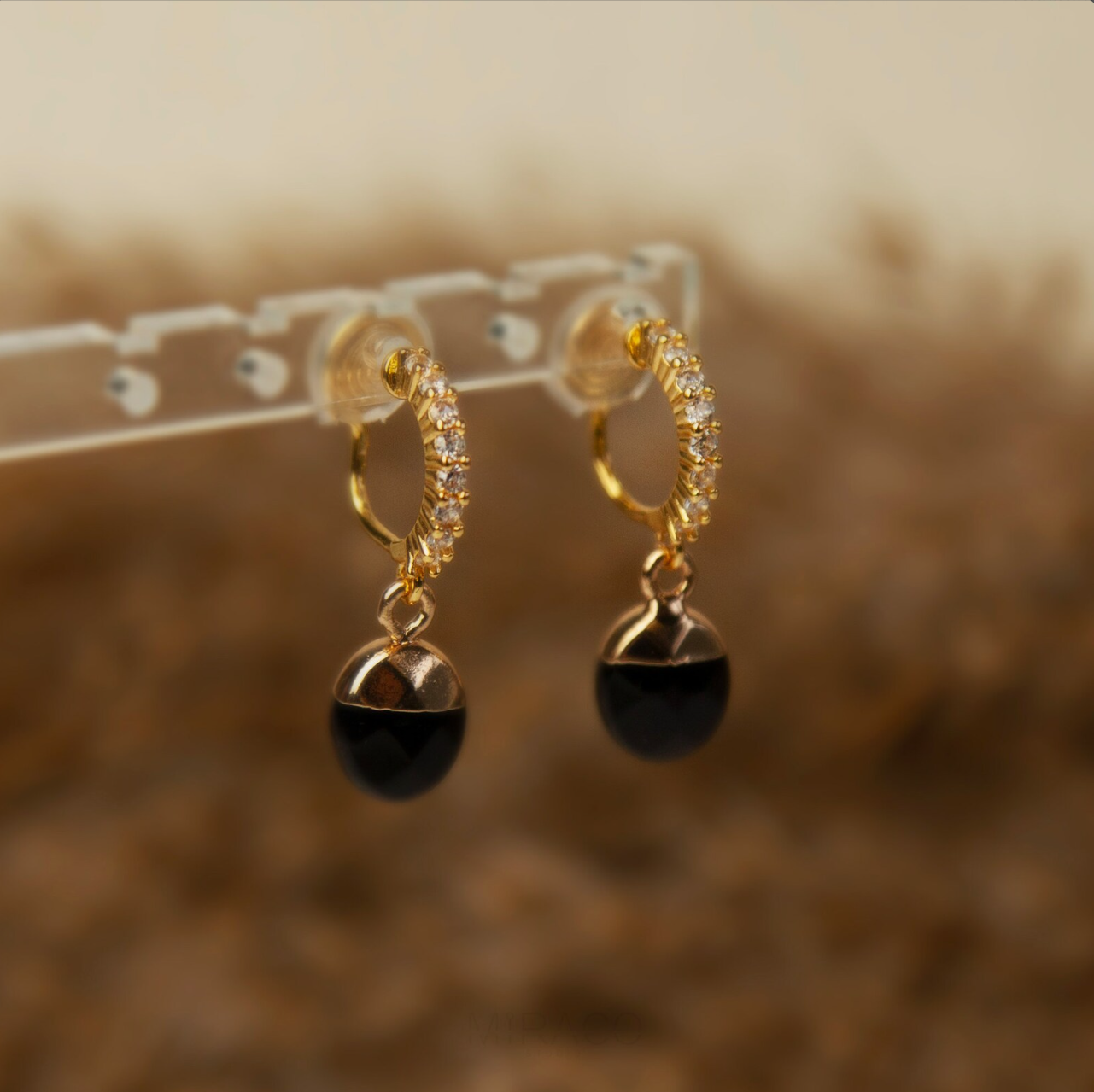 Black Stone Dangle Earrings, Diamond Hoop Earrings, Gold Balck Obsidian Non Pierced Earrings