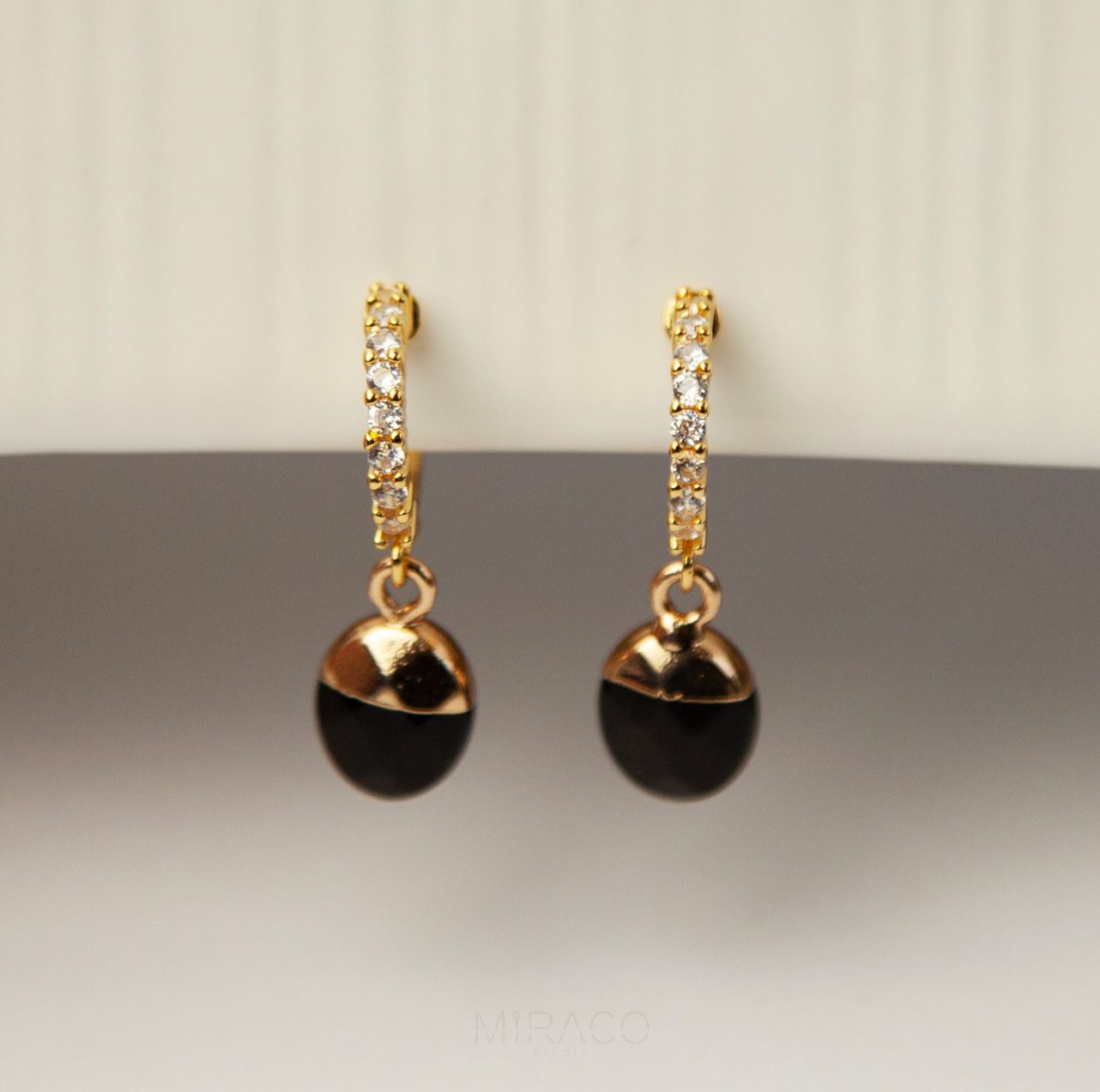 Black Stone Dangle Earrings, Diamond Hoop Earrings, Gold Balck Obsidian Non Pierced Earrings