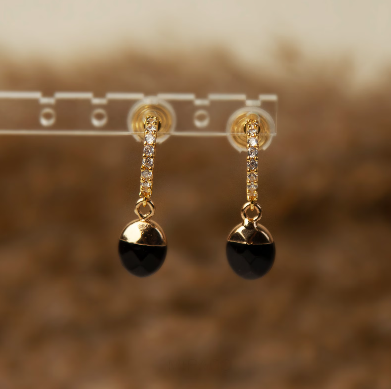 Black Stone Dangle Earrings, Diamond Hoop Earrings, Gold Balck Obsidian Non Pierced Earrings