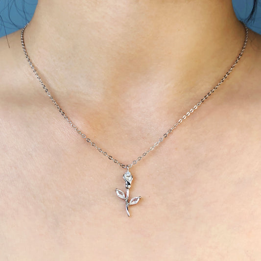 925 Sterling Silver Rose Necklace, Dainty CZ Rose Necklace, Rose Flower Necklace, Minimalist Plant Necklace, Rose Pendant Forever Love
