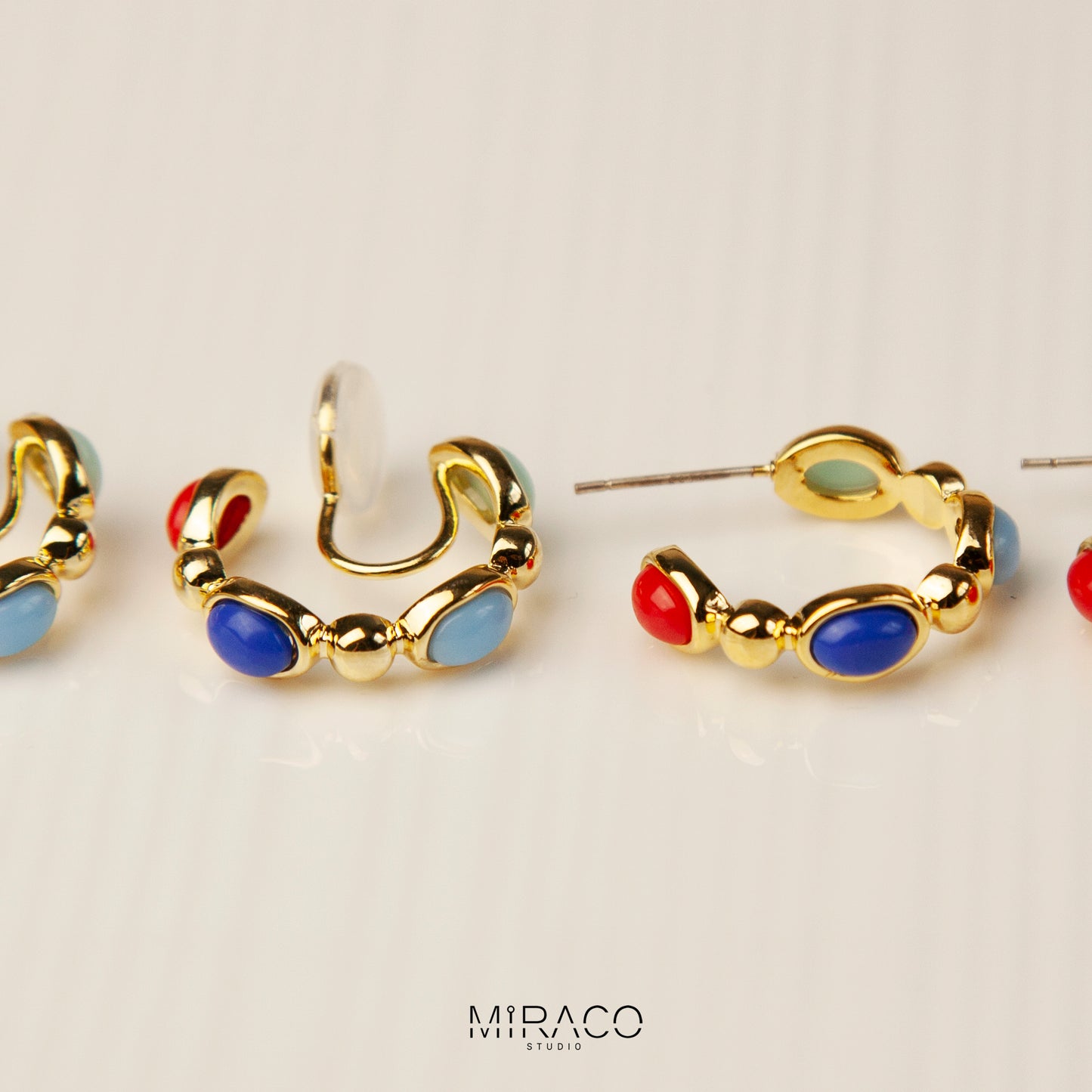 Blue and Gold Bead Huggie Hoop Earrings, Clip On Bohemia Hoops, Multi Color Non-Pierced Earrings