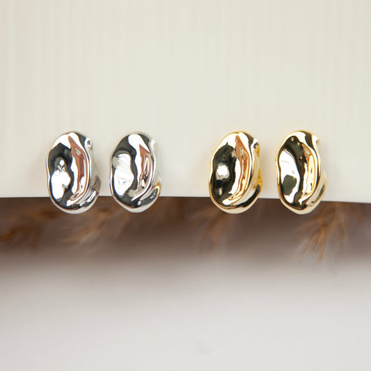 Button Stud Earrings, Modern Minimalist Earrings, Oval Metal Effect Clip On Studs, Non-Pierced Earrings