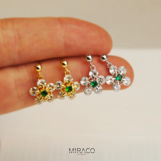 CZ Flower Dangle Drop Earrings, Sterling Silver Cherry Blossom Diamond Earrings, Dainty Green Crystal Flower Earring, Gold Or Silver Sparkly Crystal Flower Earrings