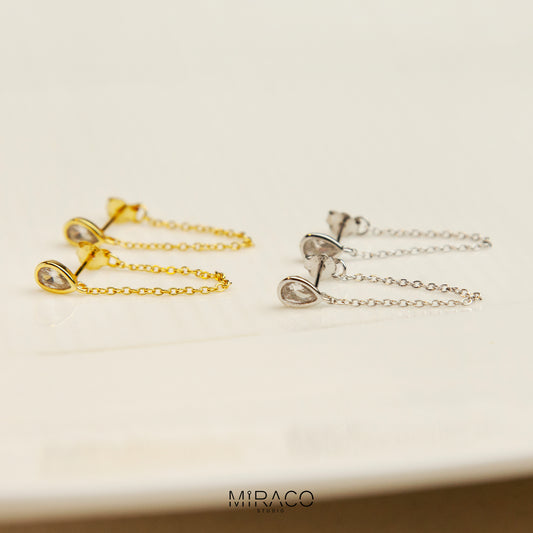 CZ Teardrop Chain Earrings in Sterling Silver, Silver or Gold Colour Teardrop Crystal Front and Back Ear Jacket, Minimalist and Geometric Dangle Chain Earrings