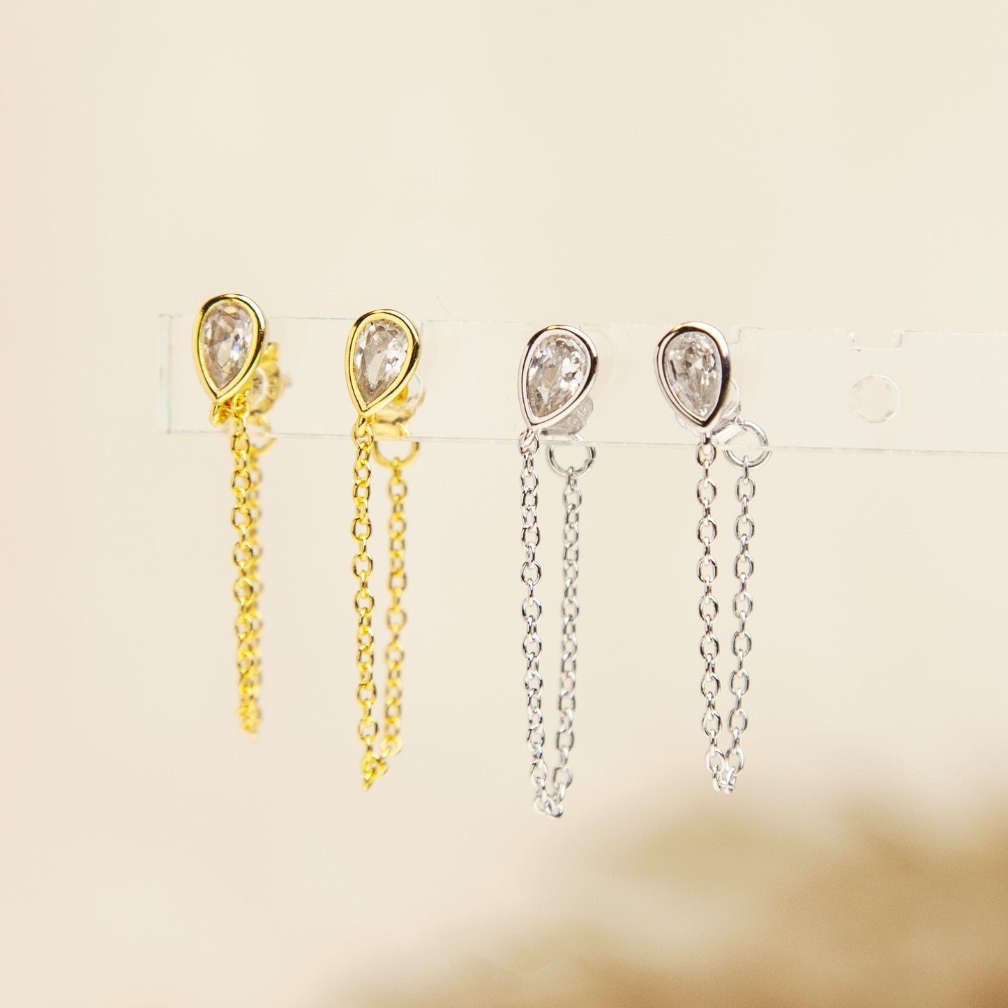 CZ Teardrop Chain Earrings in Sterling Silver, Silver or Gold Colour Teardrop Crystal Front and Back Ear Jacket, Minimalist and Geometric Dangle Chain Earrings
