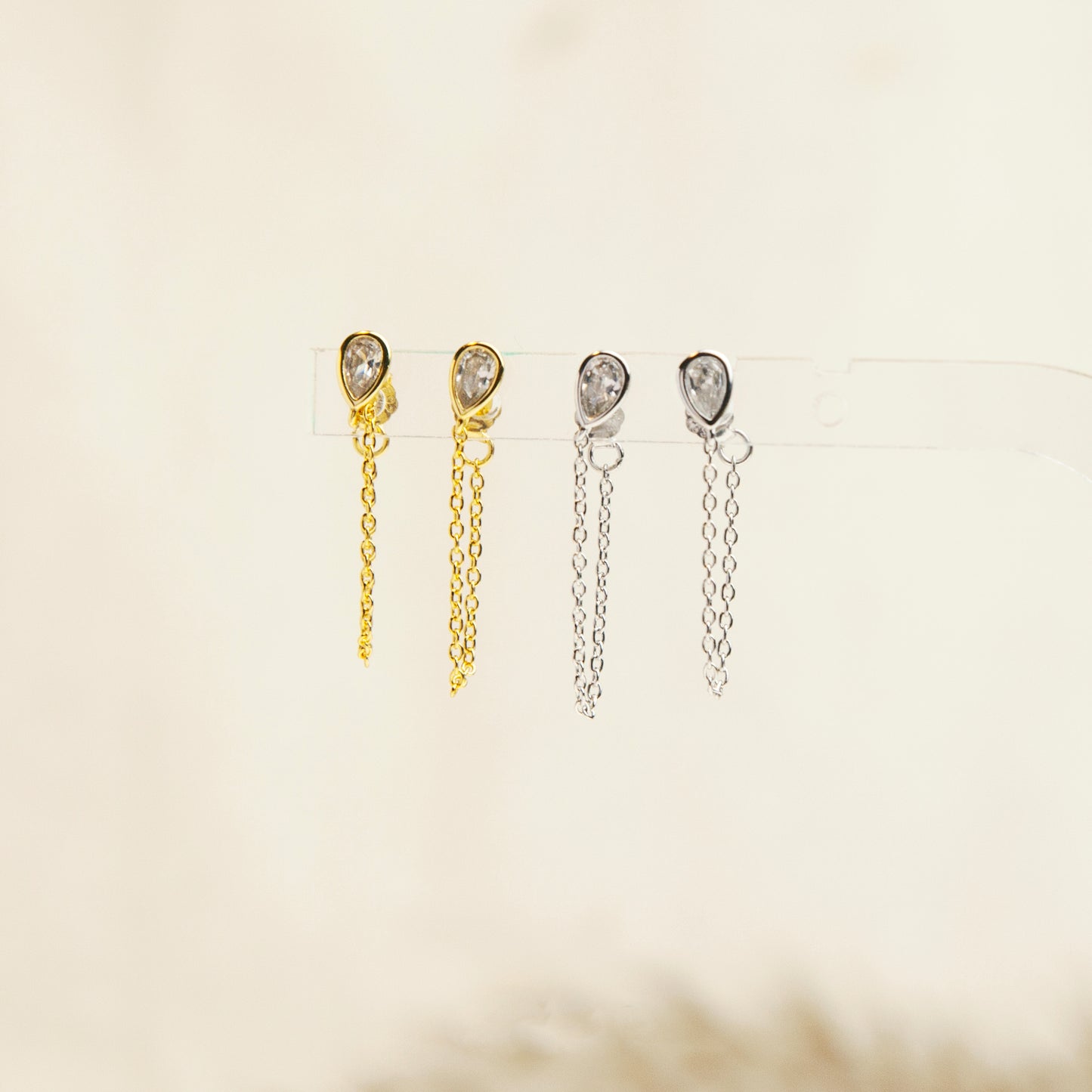 CZ Teardrop Chain Earrings in Sterling Silver, Silver or Gold Colour Teardrop Crystal Front and Back Ear Jacket, Minimalist and Geometric Dangle Chain Earrings