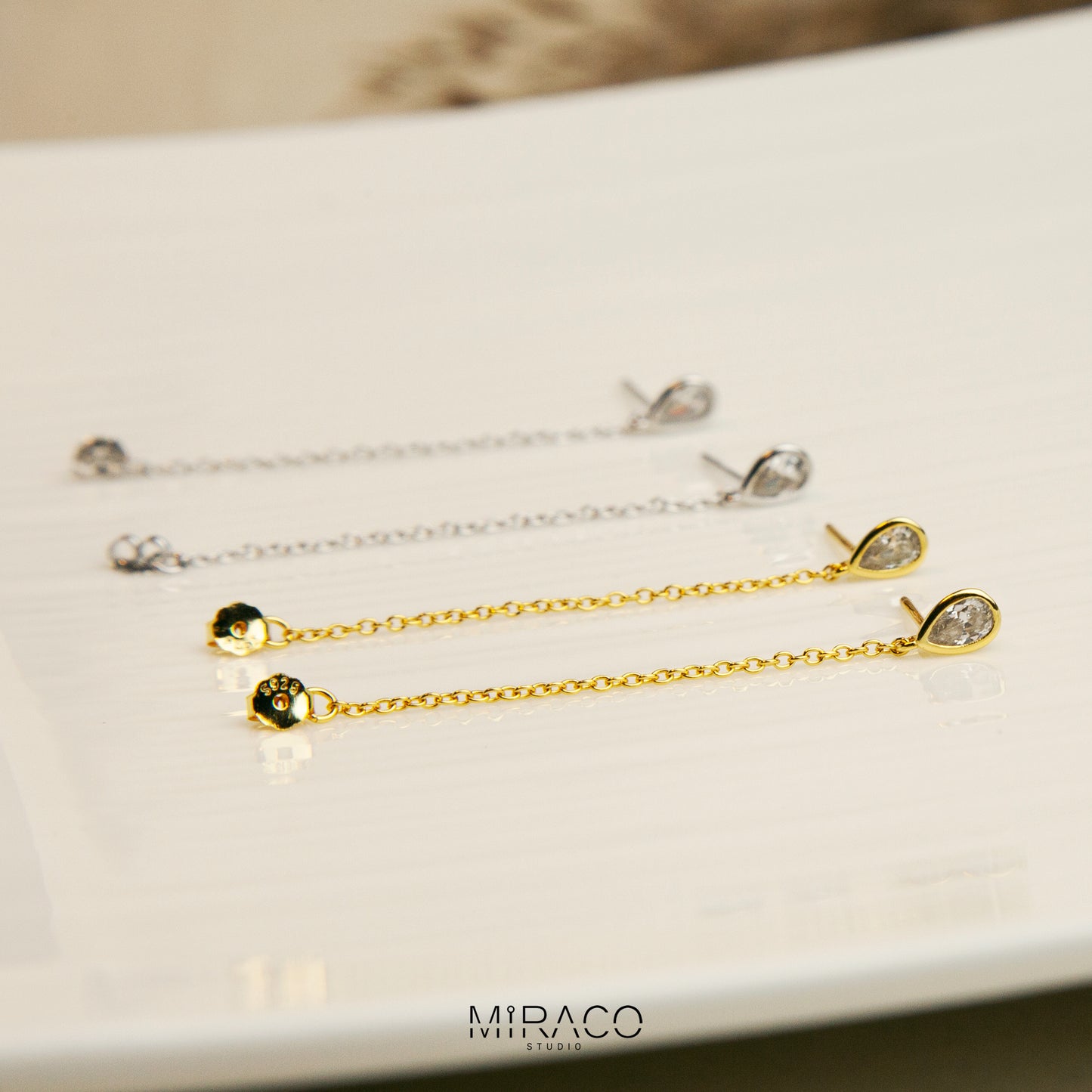 CZ Teardrop Chain Earrings in Sterling Silver, Silver or Gold Colour Teardrop Crystal Front and Back Ear Jacket, Minimalist and Geometric Dangle Chain Earrings