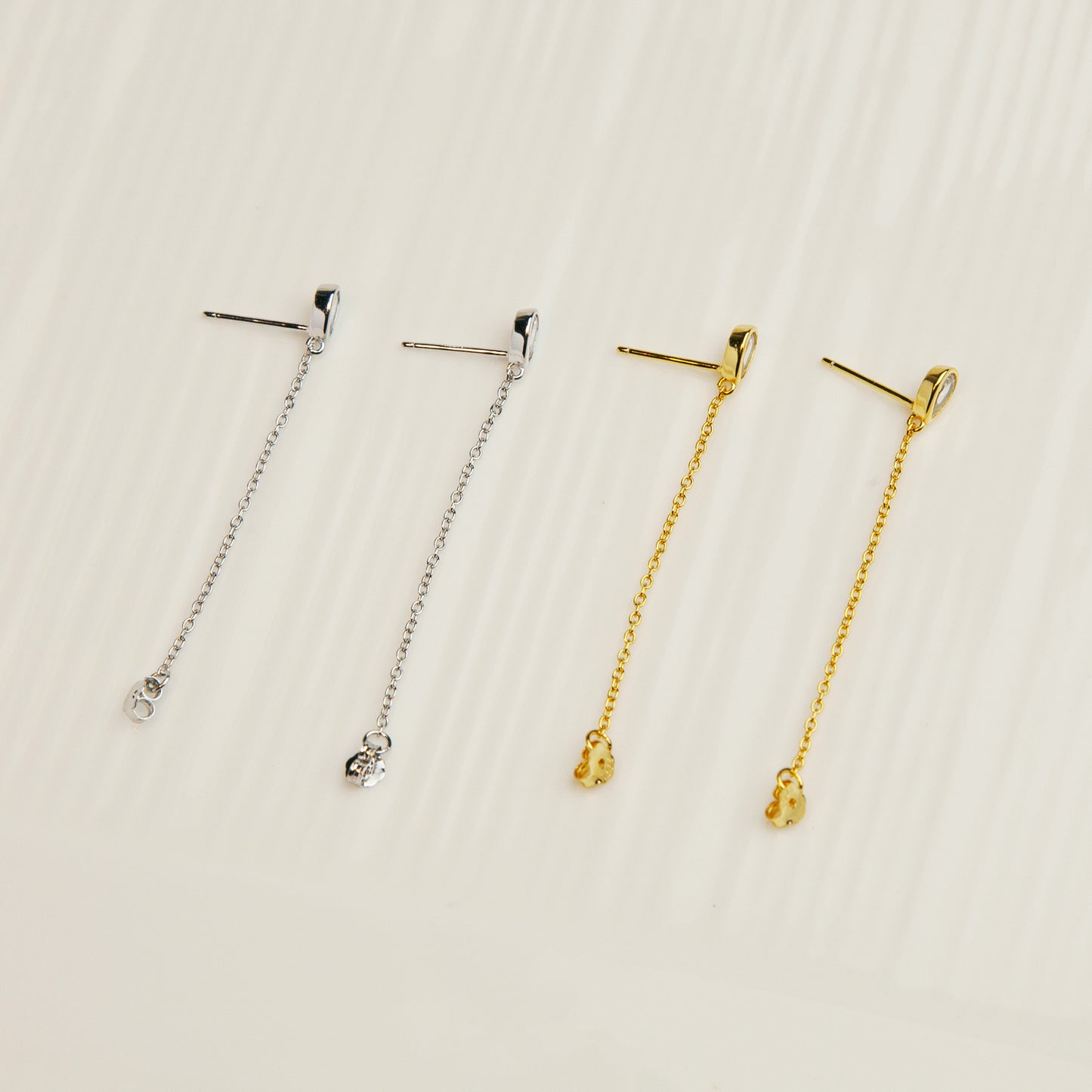 CZ Teardrop Chain Earrings in Sterling Silver, Silver or Gold Colour Teardrop Crystal Front and Back Ear Jacket, Minimalist and Geometric Dangle Chain Earrings