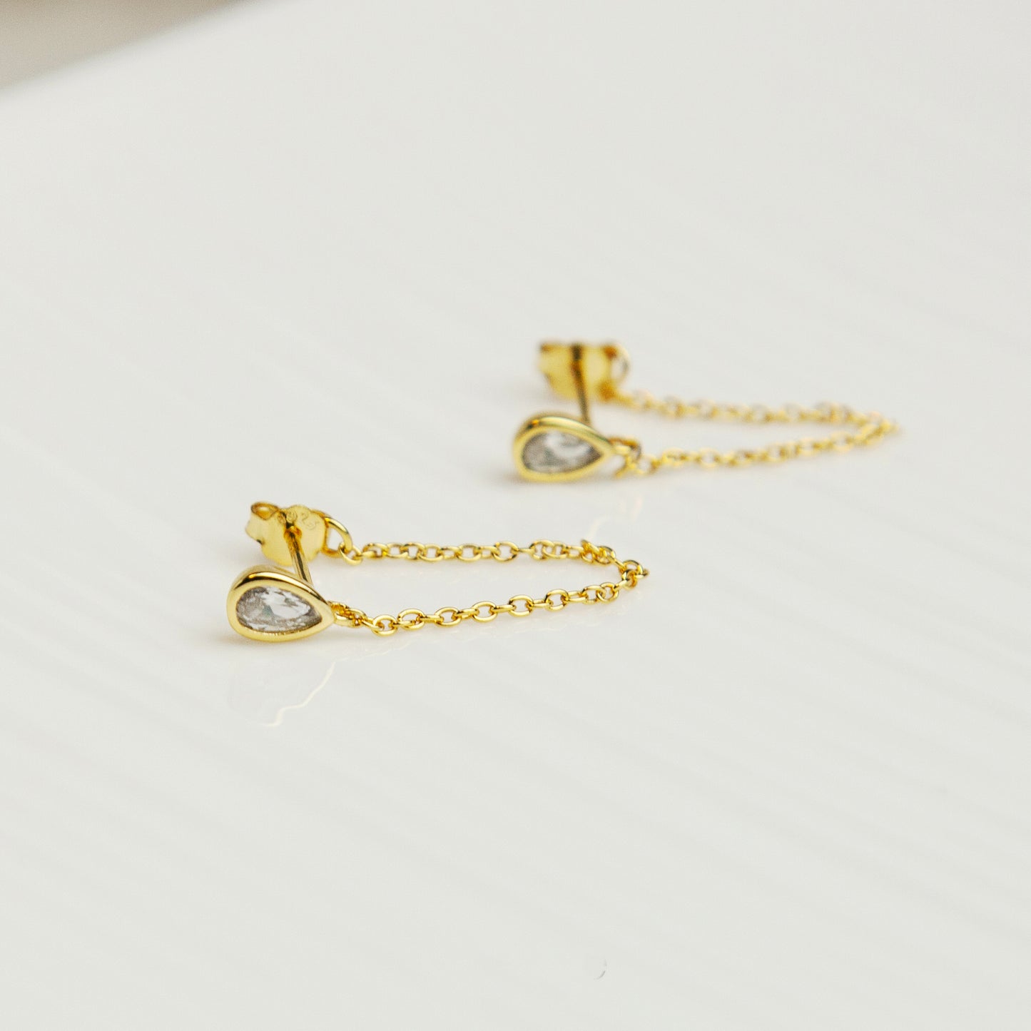 CZ Teardrop Chain Earrings in Sterling Silver, Silver or Gold Colour Teardrop Crystal Front and Back Ear Jacket, Minimalist and Geometric Dangle Chain Earrings