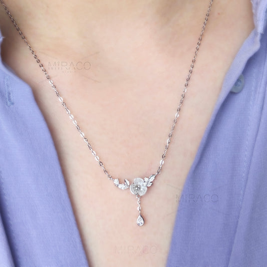 Cherry Blossom Fairy Cream Flower Necklace, Small Gold Flower Silver Flower Plant Necklace