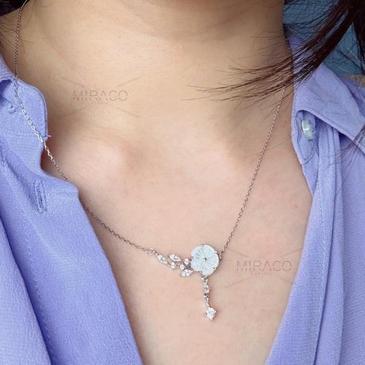 Cherry Blossom Fairy Cream Flower Necklace, Gold Flower Plant Necklace