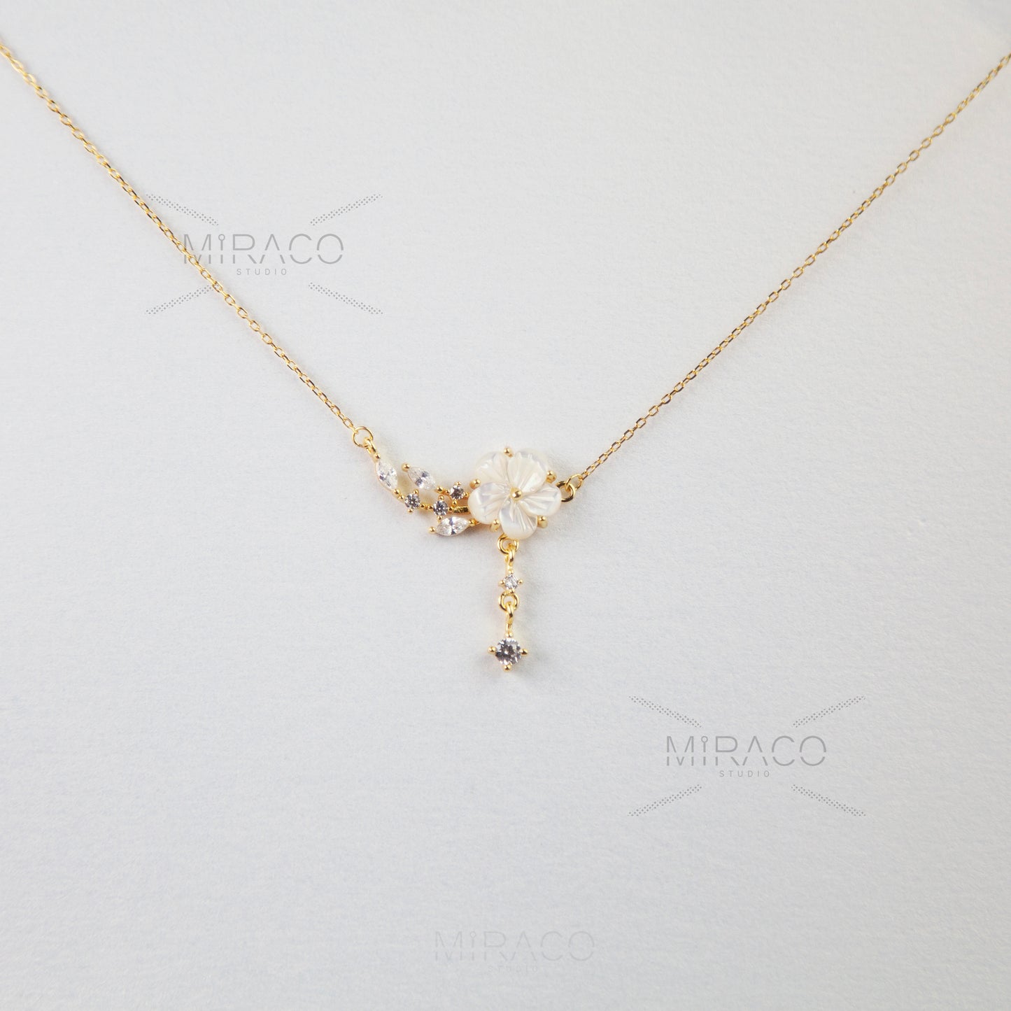 Cherry Blossom Fairy Cream Flower Necklace, Gold Flower Plant Necklace