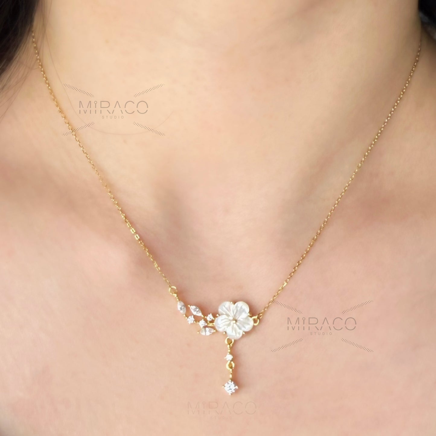 Cherry Blossom Fairy Cream Flower Necklace, Gold Flower Plant Necklace