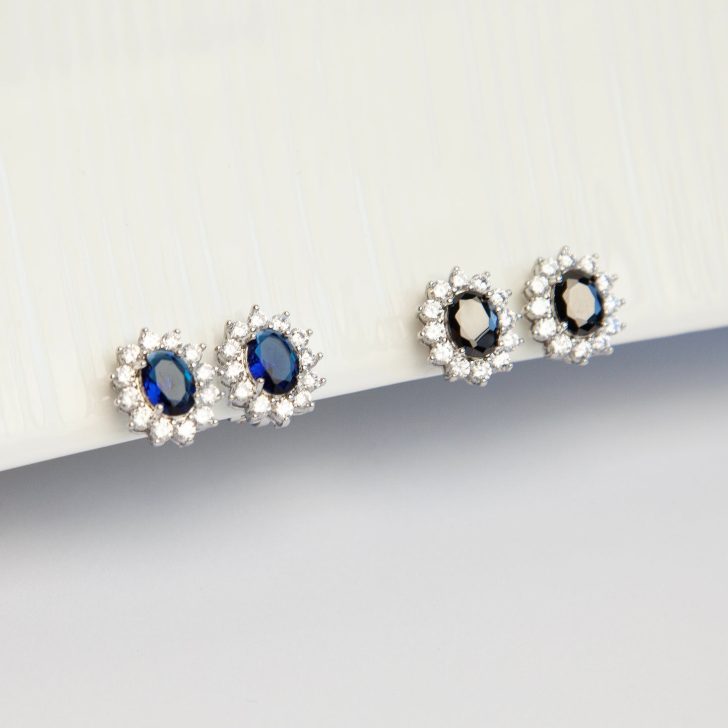 Clip On Black Blue Gemstone Earrings, Mini-Clip Studs Earrings, Blue or Black Crystal Stud Earrings, Elegant Non-Pierced CZ Sapphire Flower Studs