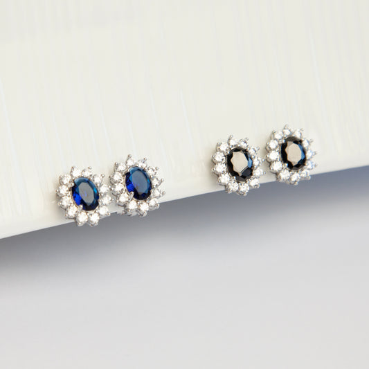 Clip On Black Blue Gemstone Earrings, Mini-Clip Studs Earrings, Blue or Black Crystal Stud Earrings, Elegant Non-Pierced CZ Sapphire Flower Studs