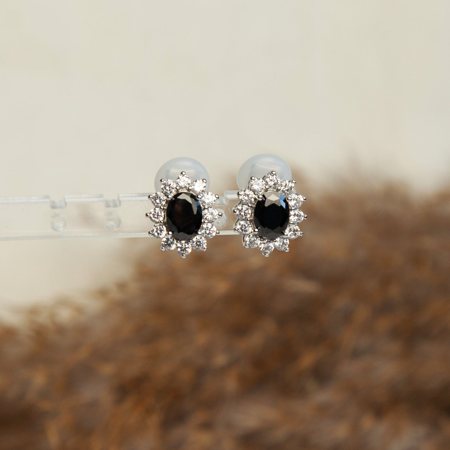 Clip On Black Blue Gemstone Earrings, Mini-Clip Studs Earrings, Blue or Black Crystal Stud Earrings, Elegant Non-Pierced CZ Sapphire Flower Studs