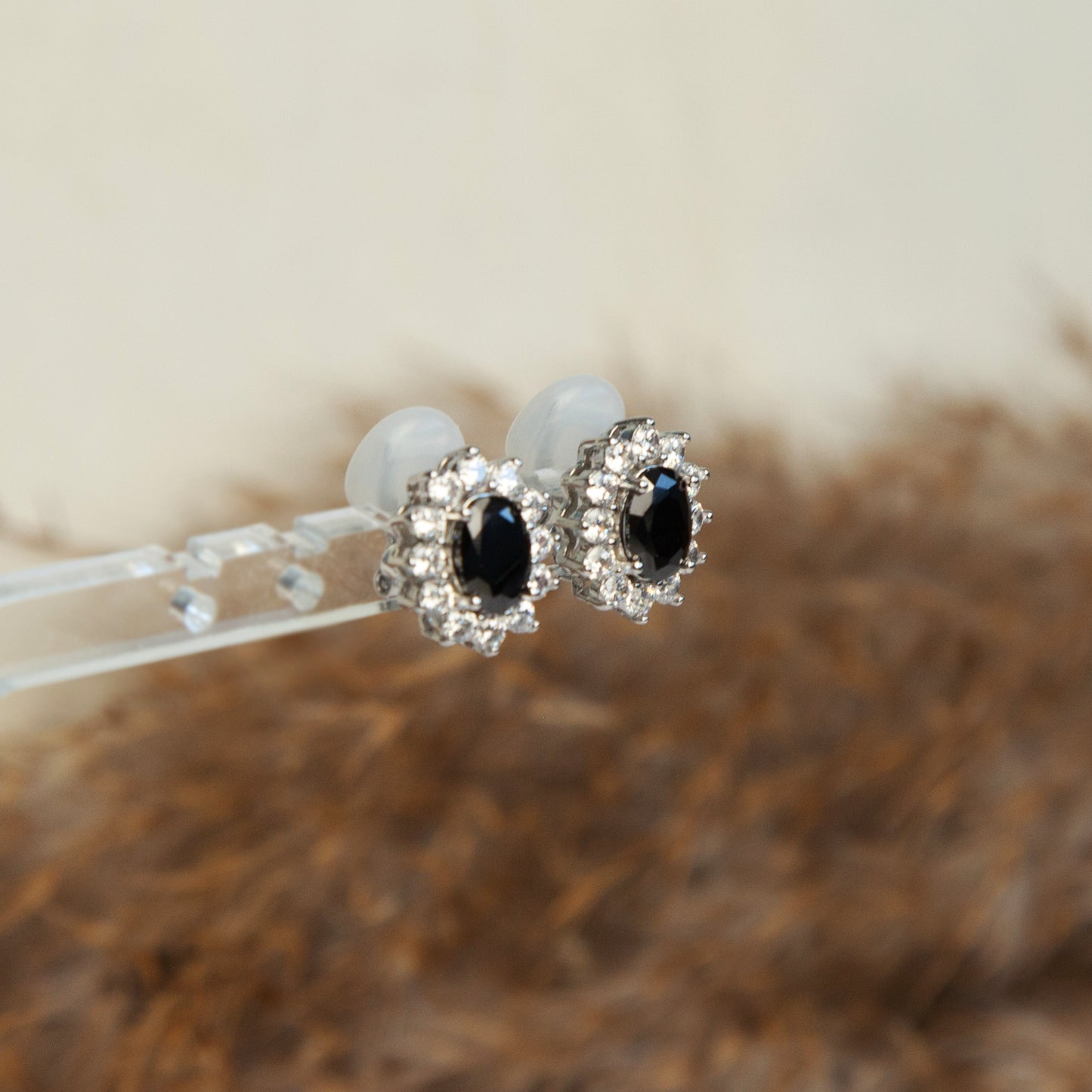 Clip On Black Blue Gemstone Earrings, Mini-Clip Studs Earrings, Blue or Black Crystal Stud Earrings, Elegant Non-Pierced CZ Sapphire Flower Studs