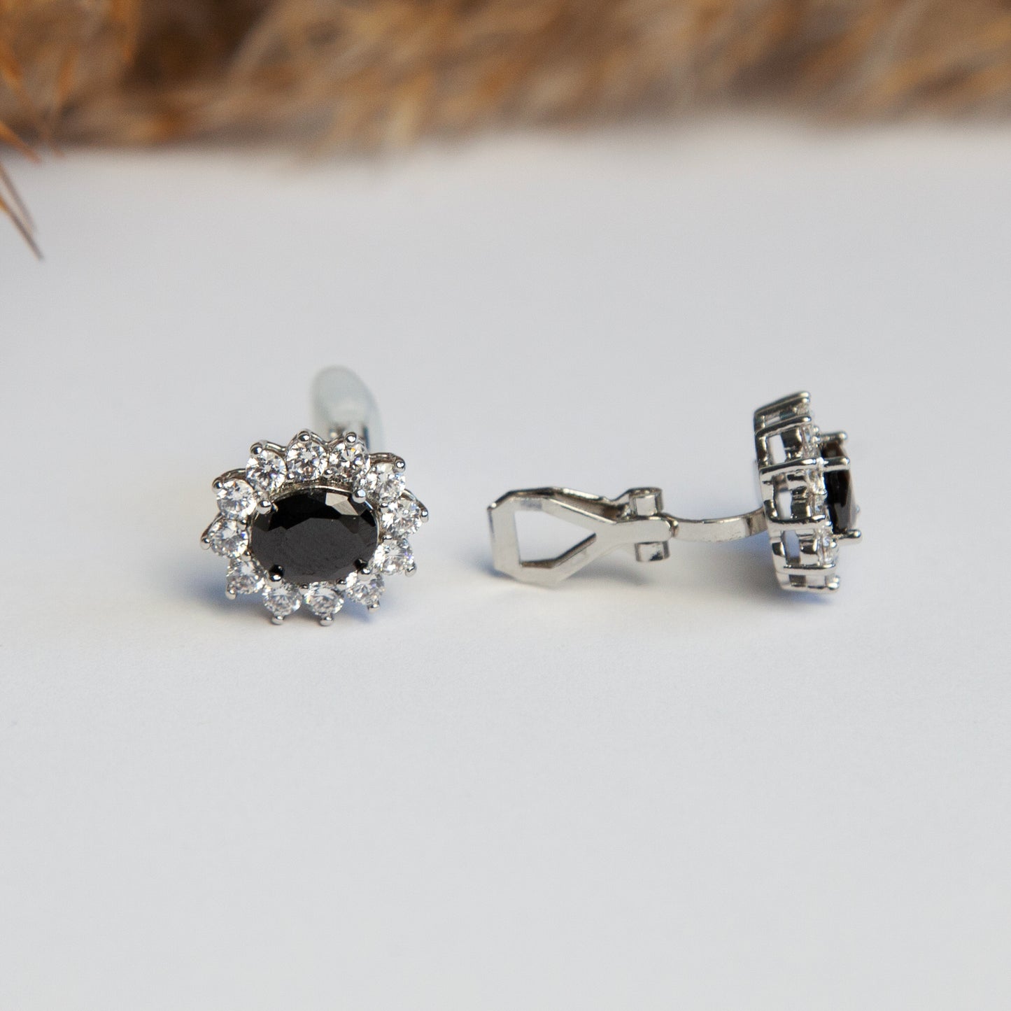 Clip On Black Blue Gemstone Earrings, Mini-Clip Studs Earrings, Blue or Black Crystal Stud Earrings, Elegant Non-Pierced CZ Sapphire Flower Studs