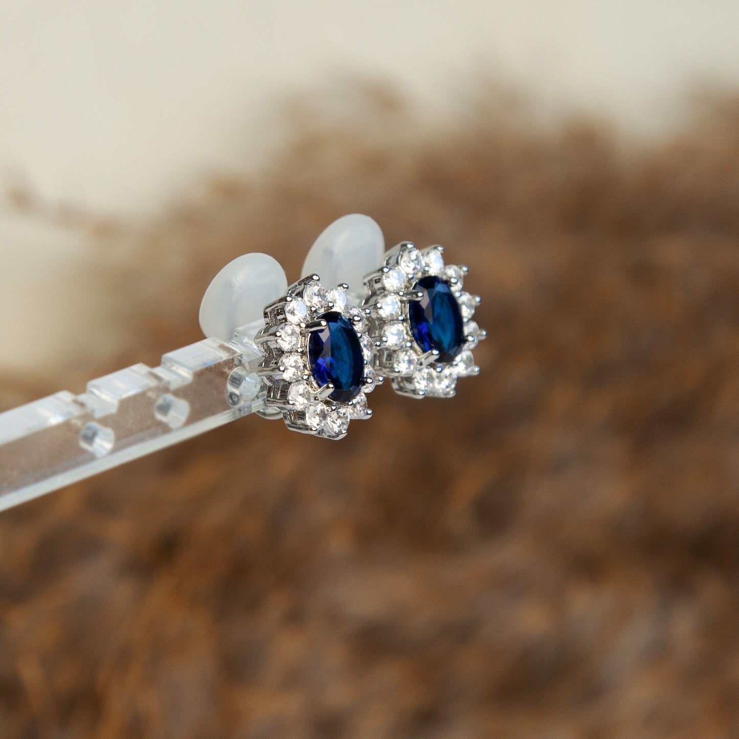 Clip On Black Blue Gemstone Earrings, Mini-Clip Studs Earrings, Blue or Black Crystal Stud Earrings, Elegant Non-Pierced CZ Sapphire Flower Studs