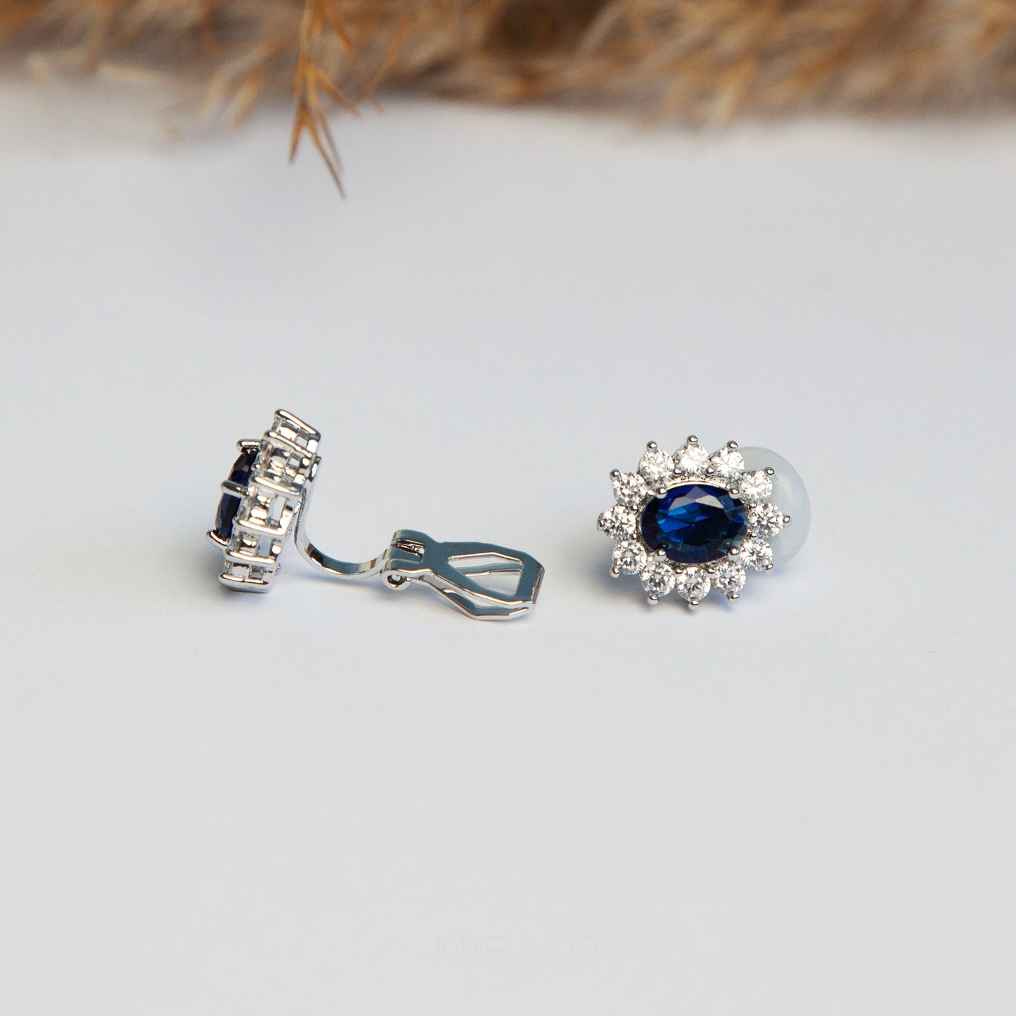 Clip On Black Blue Gemstone Earrings, Mini-Clip Studs Earrings, Blue or Black Crystal Stud Earrings, Elegant Non-Pierced CZ Sapphire Flower Studs