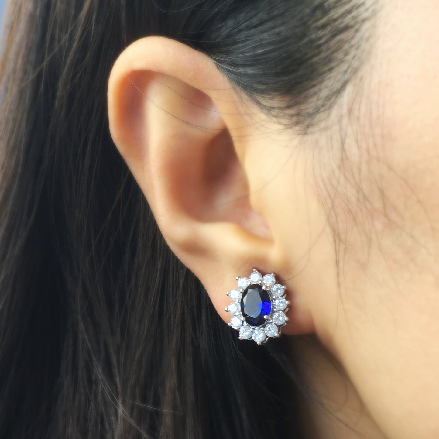 Clip On Black Blue Gemstone Earrings, Mini-Clip Studs Earrings, Blue or Black Crystal Stud Earrings, Elegant Non-Pierced CZ Sapphire Flower Studs