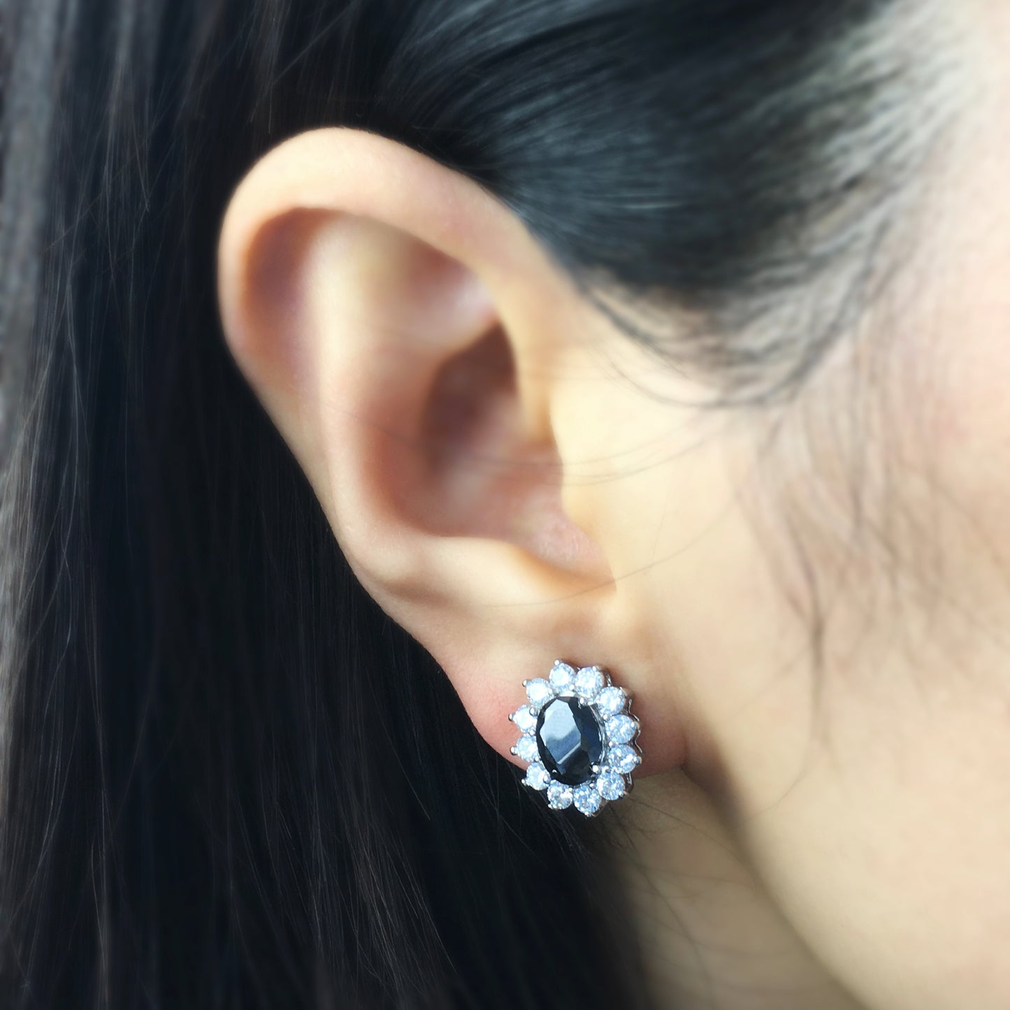 Clip On Black Blue Gemstone Earrings, Mini-Clip Studs Earrings, Blue or Black Crystal Stud Earrings, Elegant Non-Pierced CZ Sapphire Flower Studs