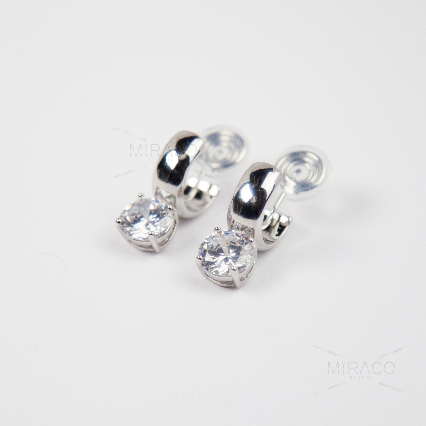 Clip On CZ Huggie Hoop Earrings, Minimal Hoop Non-Pierced Earrings, Square Diamond Earrings, Spiral Coil Back Clips