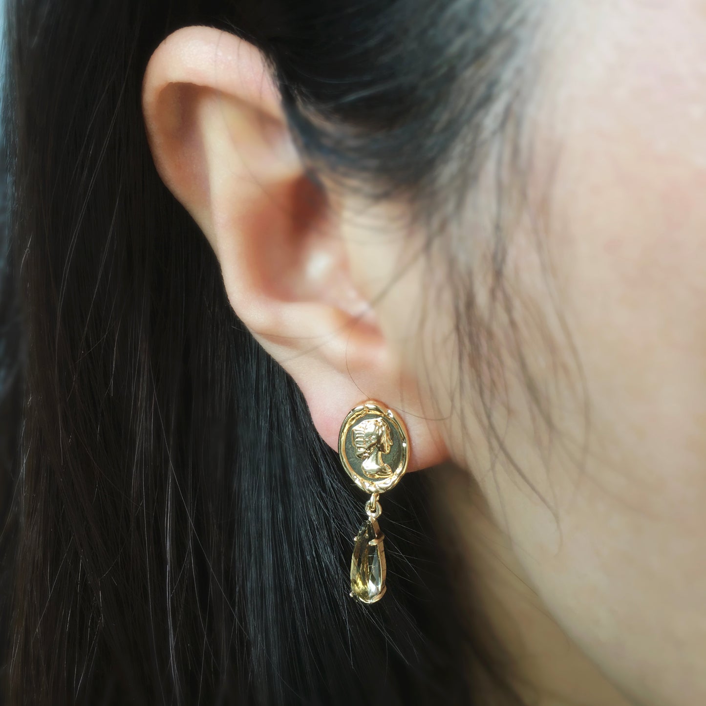 Clip On Crystal Dangle Drop Earrings, Gold Goddess Coin Dangle Earrings, Green Purple Crystal Earrings, Non Pierced Dangle Diamonds Earrings