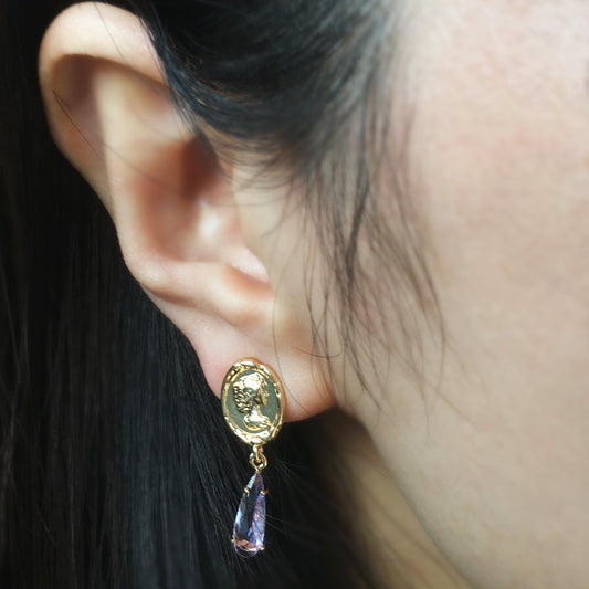 Clip On Crystal Dangle Drop Earrings, Gold Goddess Coin Dangle Earrings, Green Purple Crystal Earrings, Non Pierced Dangle Diamonds Earrings