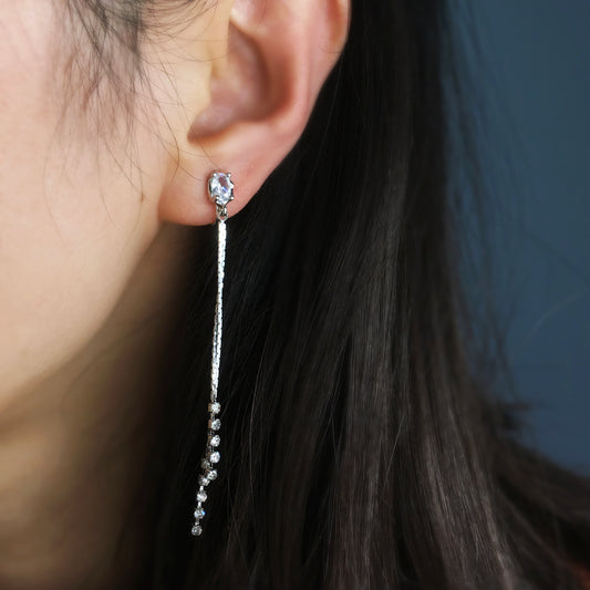 Clip On Dangle Diamond Earrings, Long Tassel Dangle Earrings, Clear Crystal Dangle and Drop Earrings, Silver or Gold Non-Pierced Earrings