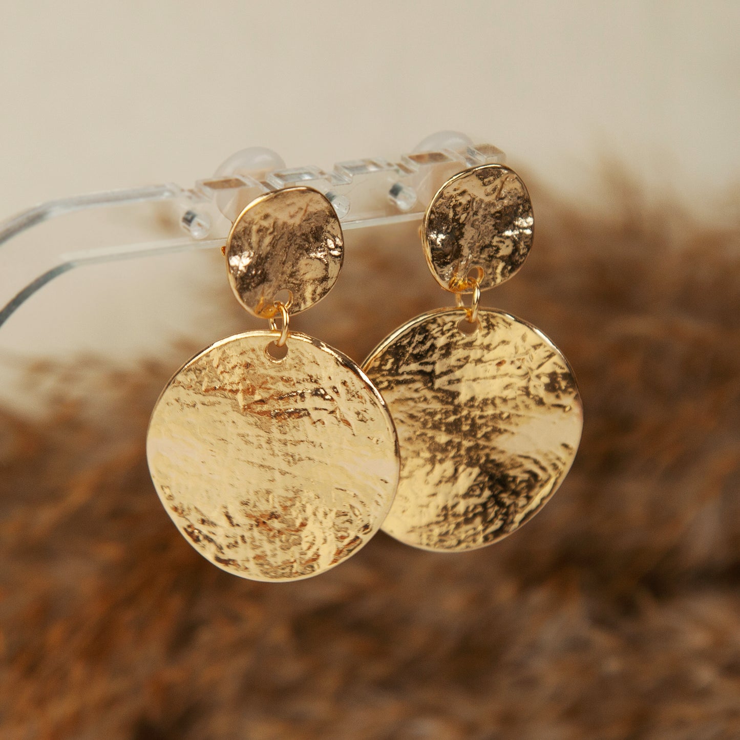 Clip On Dangle Drop Round Metal Disk Earrings, Dangle Statement Earrings, Large Minimal Dangle Drop Non-Pierced Earrings Gold or Silver