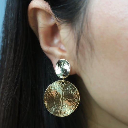 Clip On Dangle Drop Round Metal Disk Earrings, Dangle Statement Earrings, Large Minimal Dangle Drop Non-Pierced Earrings Gold or Silver