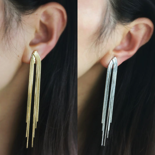 Clip On Dangle Drop Tassel Earrings, Mini-Clip Waterfall Fringe Earrings, Minimal Dangle Drop Non-Pierced Long Chain Earring Gold or Silver