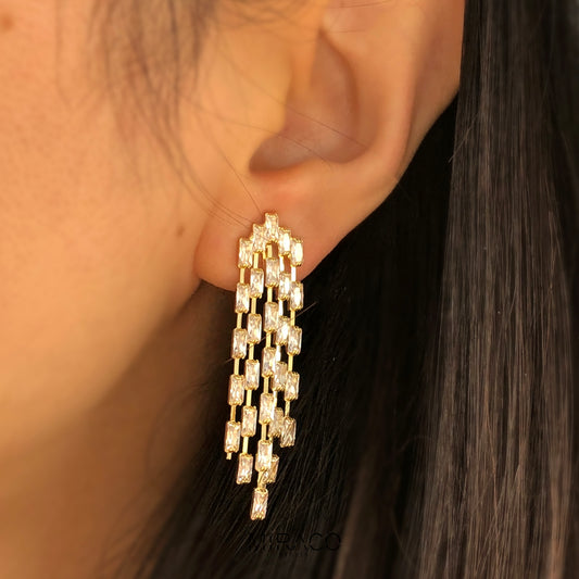 Clip On Diamond Cascade Earrings, Mini-Clip Waterfall Fringe Earrings, Clear Crystal Diamante Dangle Drop Non-Pierced Bridal Wedding Earring