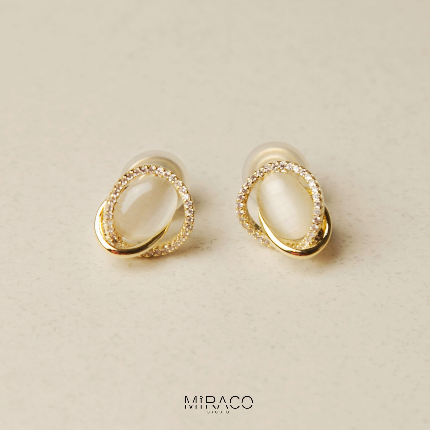 Clip On Earrings for Women, Oval Cats Eye Moonstone Studs, Coil Back Clip On Earrings, Non Pierced Earrings