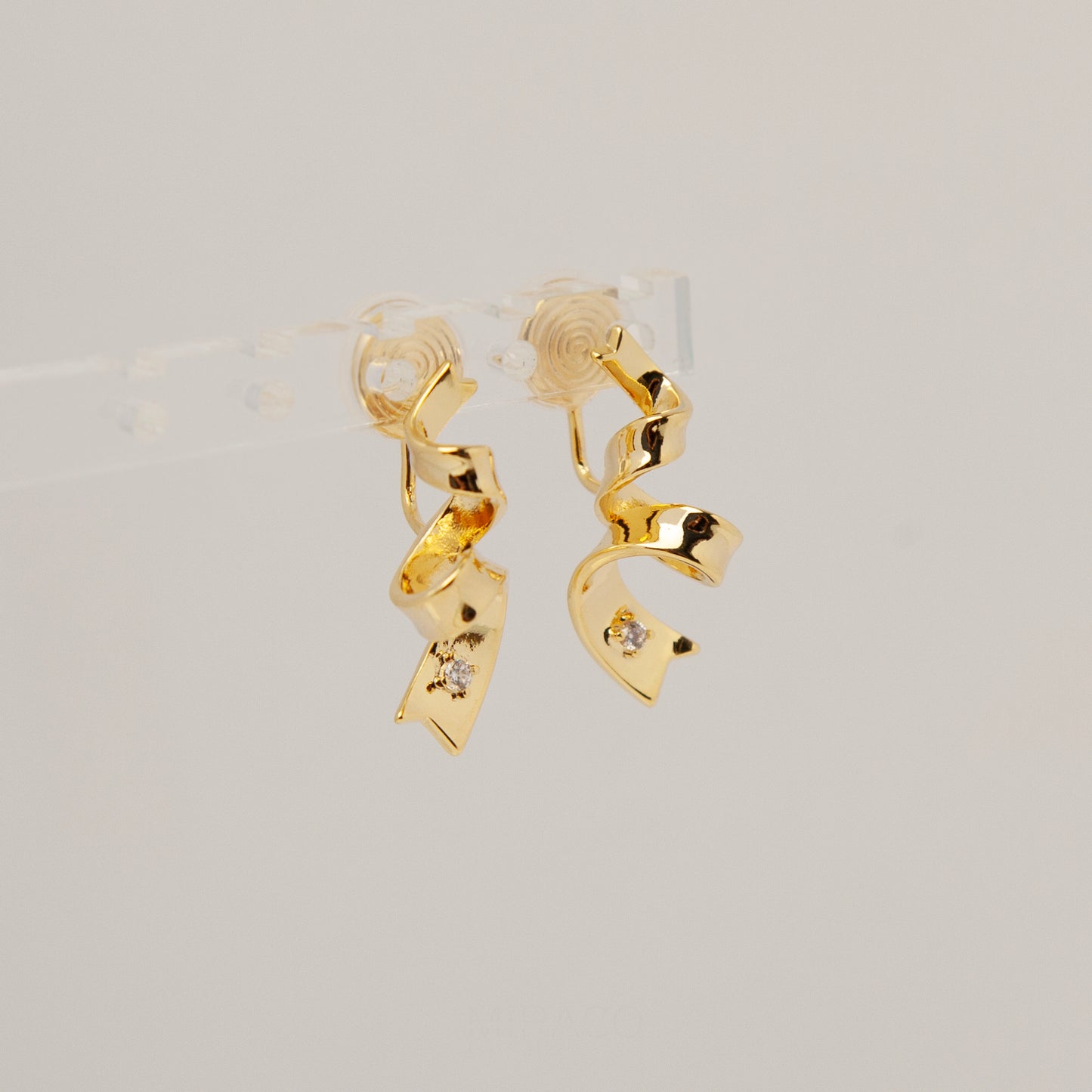 Clip On Gold Twisted Ribbon Stud Earrings, Twist Metal Clip On Studs with Diamond, Minimalist Gold Metal Non Pierced Earring With CZ Crystal
