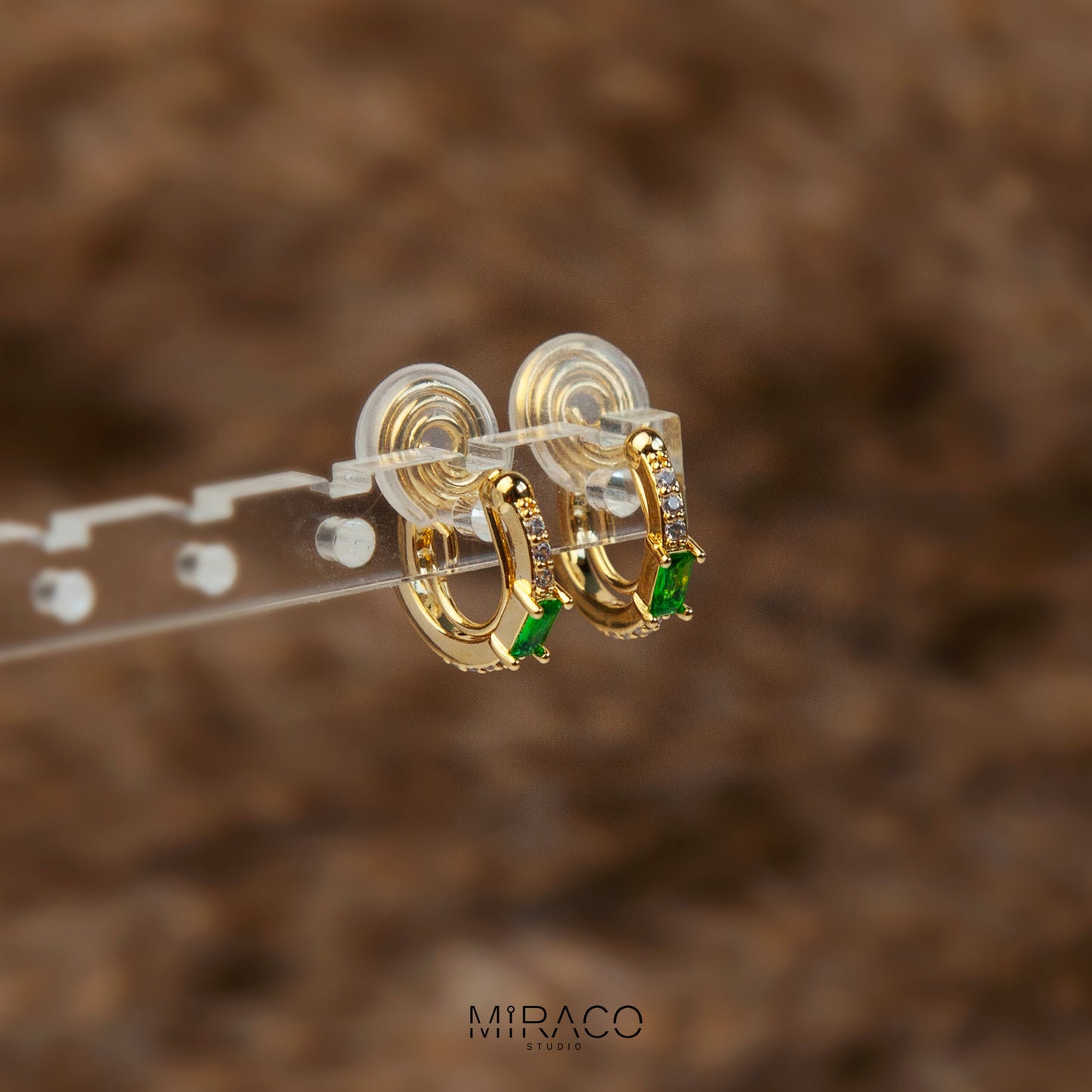 Clip On Huggie Earrings with Small Green Gemstone, Small Gold Hoop Earrings, Clip On Hoop Earrings, Clip On Earrings for Women