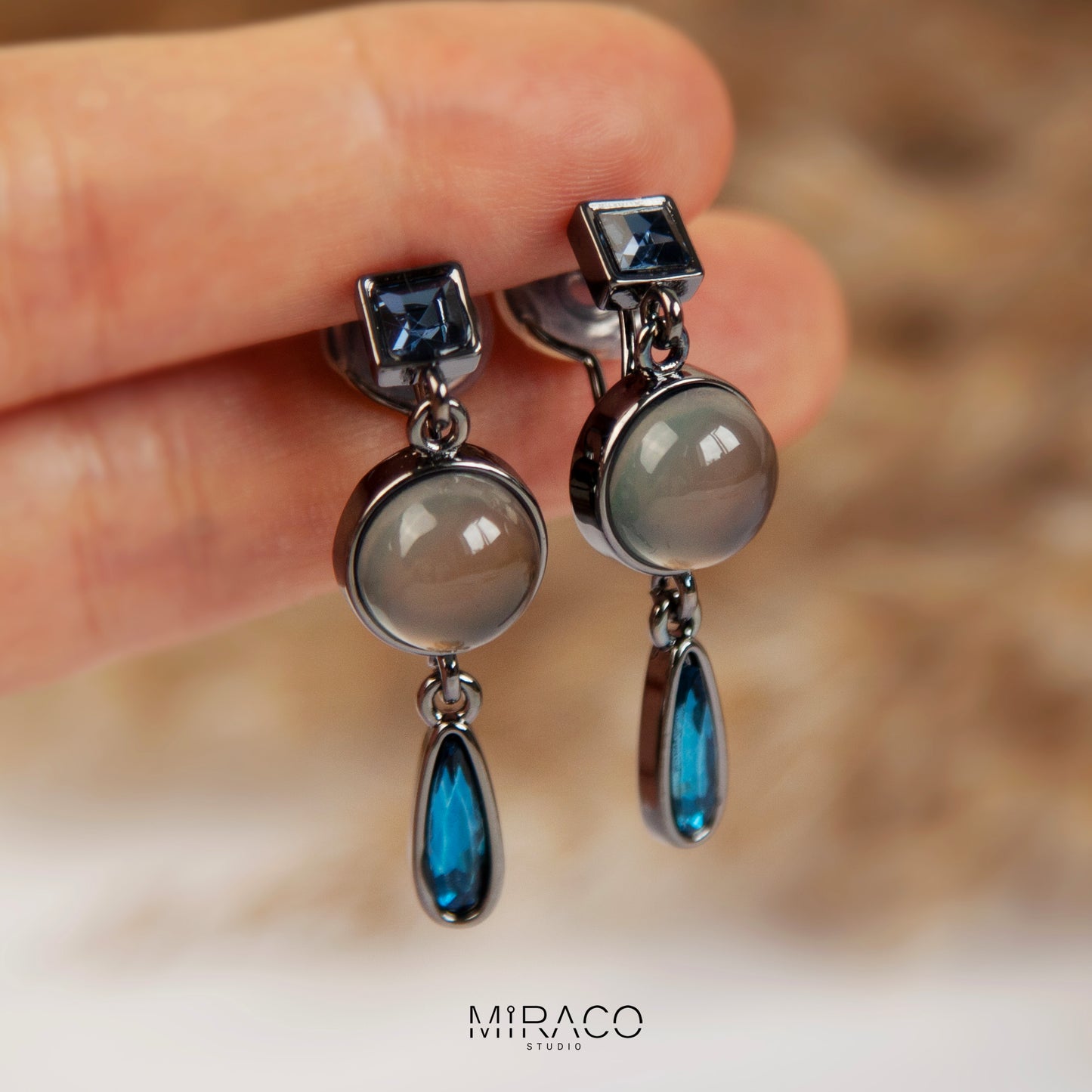 Clip On Navy Blue Diamond Gemstone Earrings, Clip On Dangle Earrings, Dark Crystal Dangle and Drop Earring