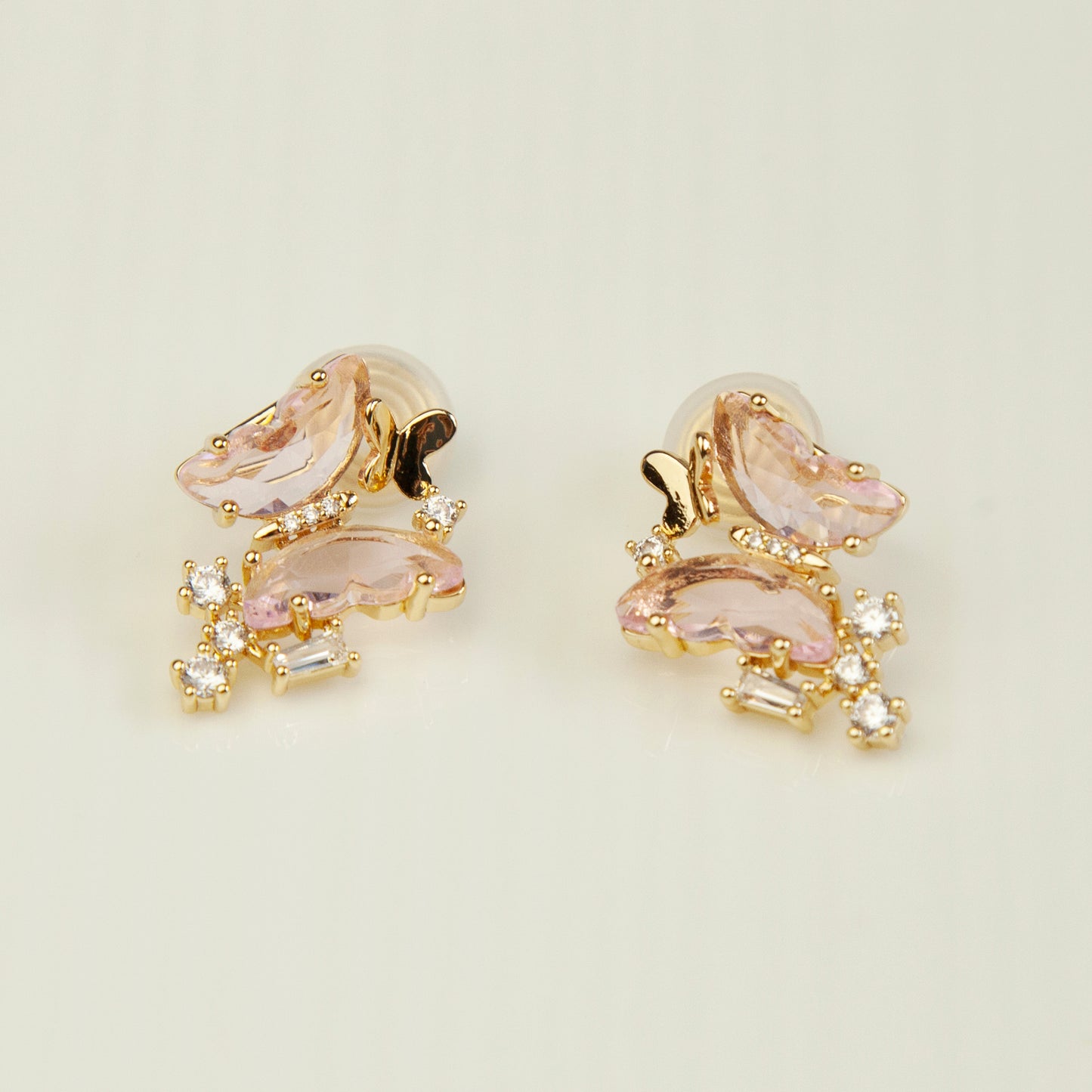 Clip On Pink Butterfly Earrings, Crystal Butterfly Stud Earrings, Fairy Insect Diamond Clip On Stud, Gold and Pink Non Pierced Earrings