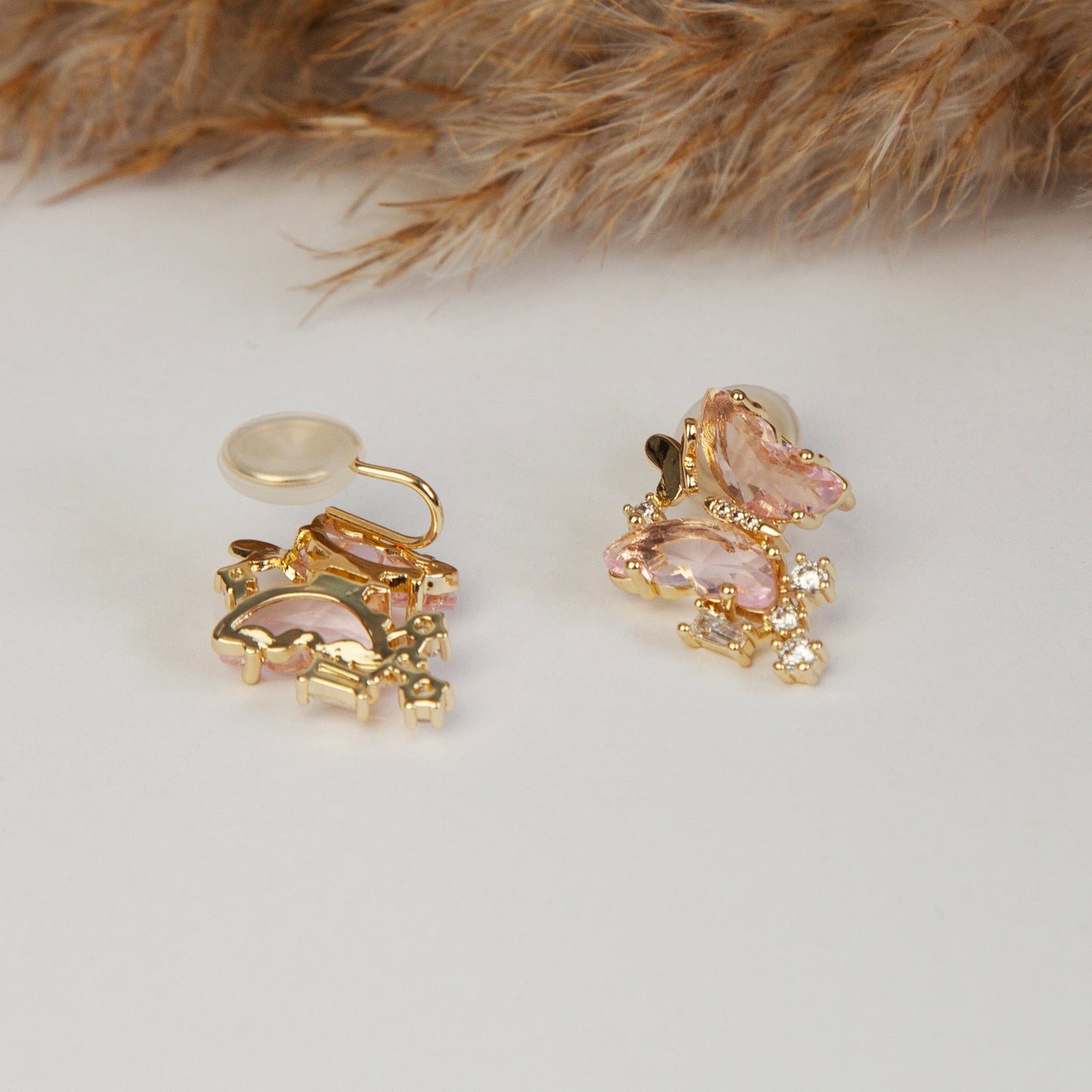 Clip On Pink Butterfly Earrings, Crystal Butterfly Stud Earrings, Fairy Insect Diamond Clip On Stud, Gold and Pink Non Pierced Earrings