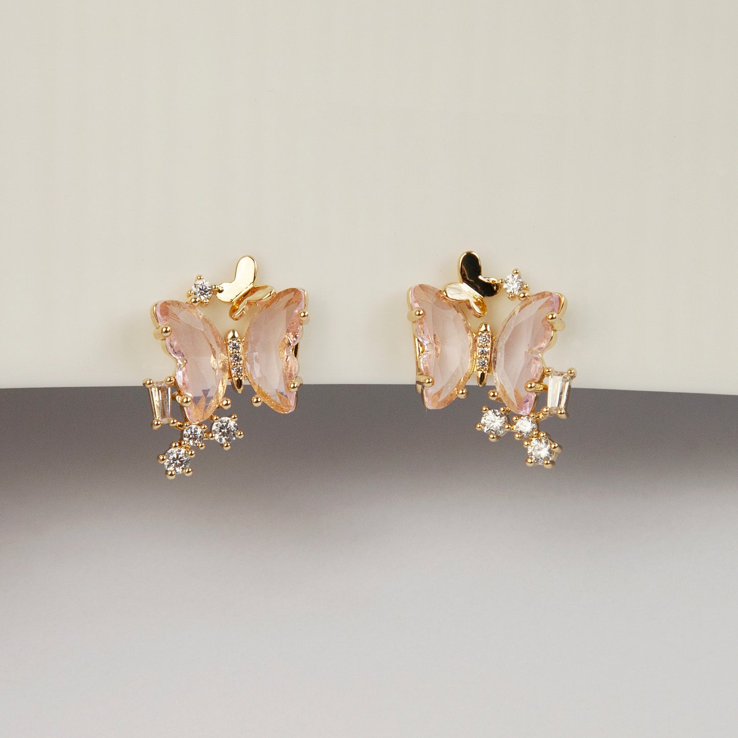 Clip On Pink Butterfly Earrings, Crystal Butterfly Stud Earrings, Fairy Insect Diamond Clip On Stud, Gold and Pink Non Pierced Earrings