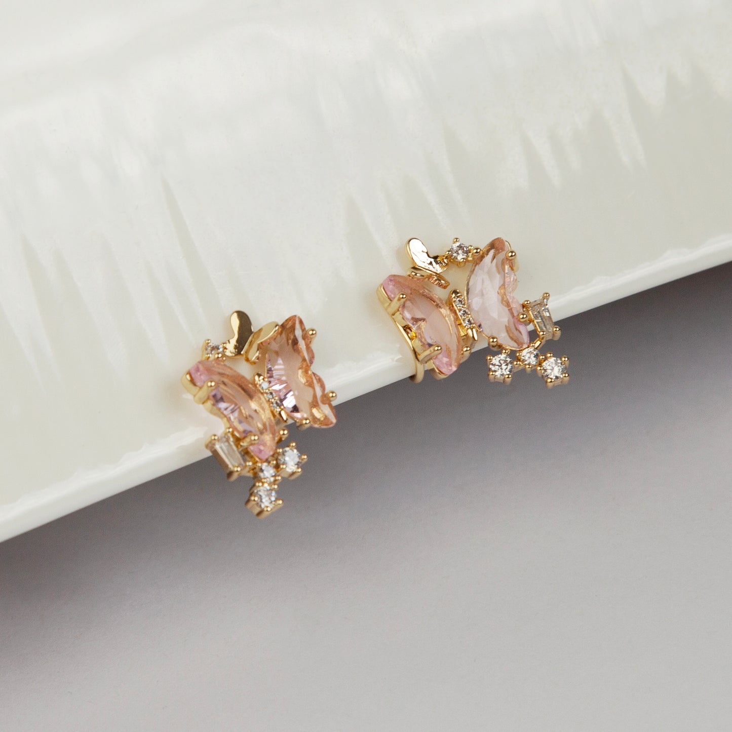 Clip On Pink Butterfly Earrings, Crystal Butterfly Stud Earrings, Fairy Insect Diamond Clip On Stud, Gold and Pink Non Pierced Earrings