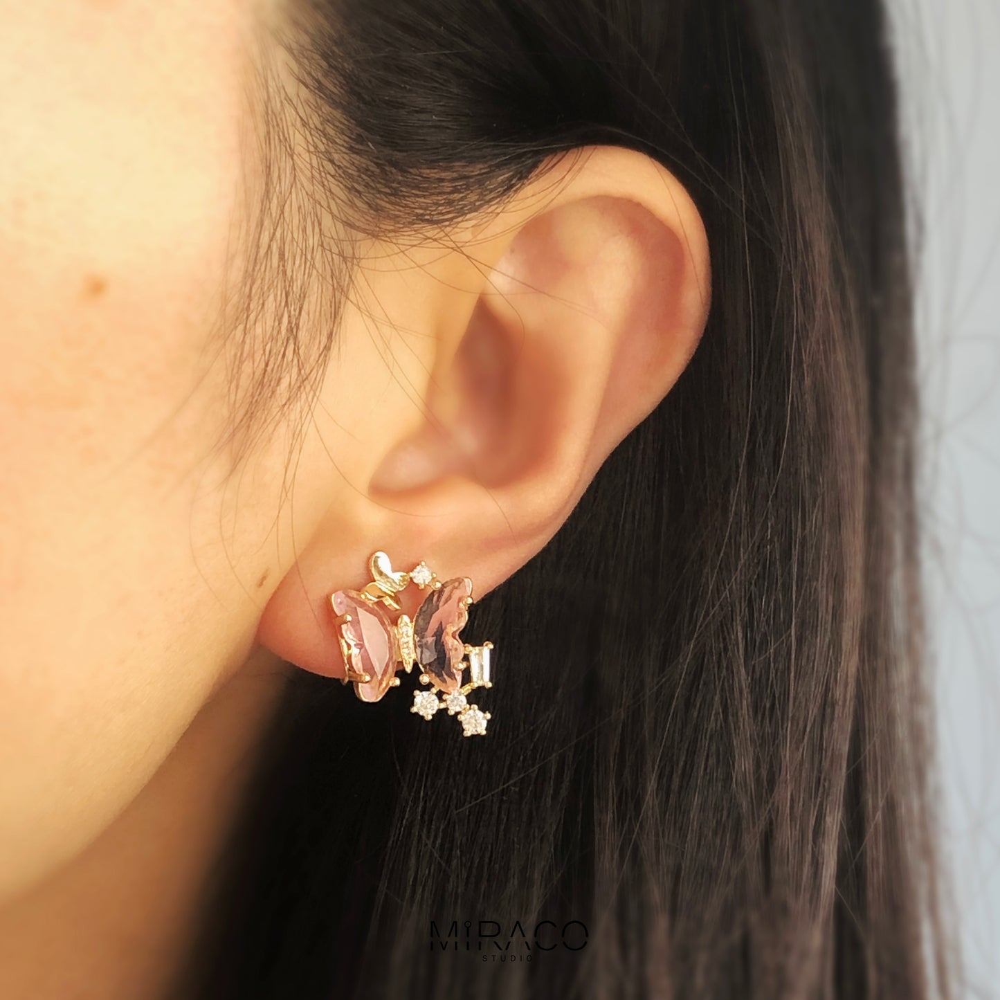 Clip On Pink Butterfly Earrings, Crystal Butterfly Stud Earrings, Fairy Insect Diamond Clip On Stud, Gold and Pink Non Pierced Earrings