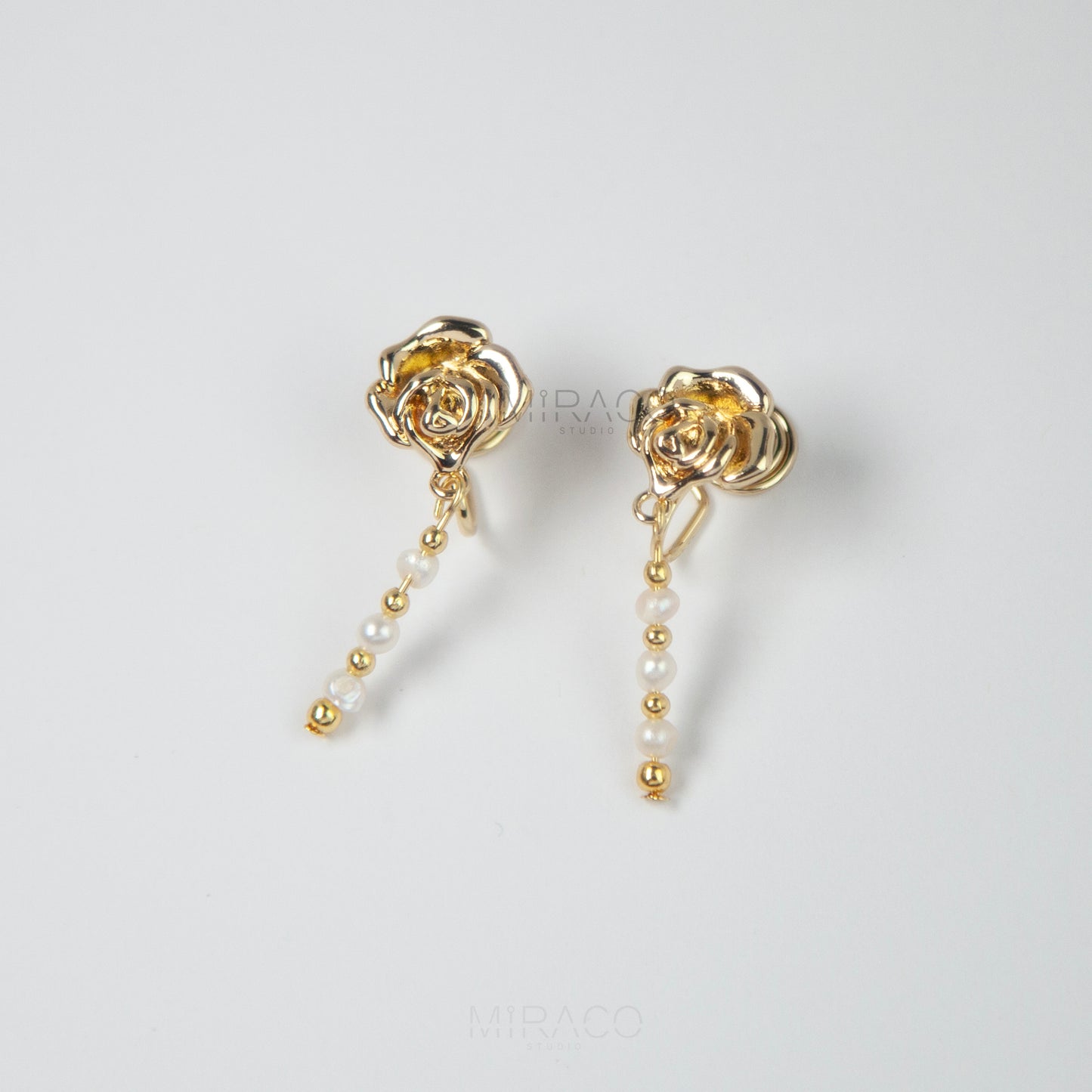 Coil Back Dangle Pearls Non Pierced Earrings, Freshwater Mini Pearls Gold Flower Earrings