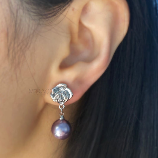 Coil Back Rose Dangle Pearls Non Pierced Earrings, Purple Pearl Silver Flower Earring