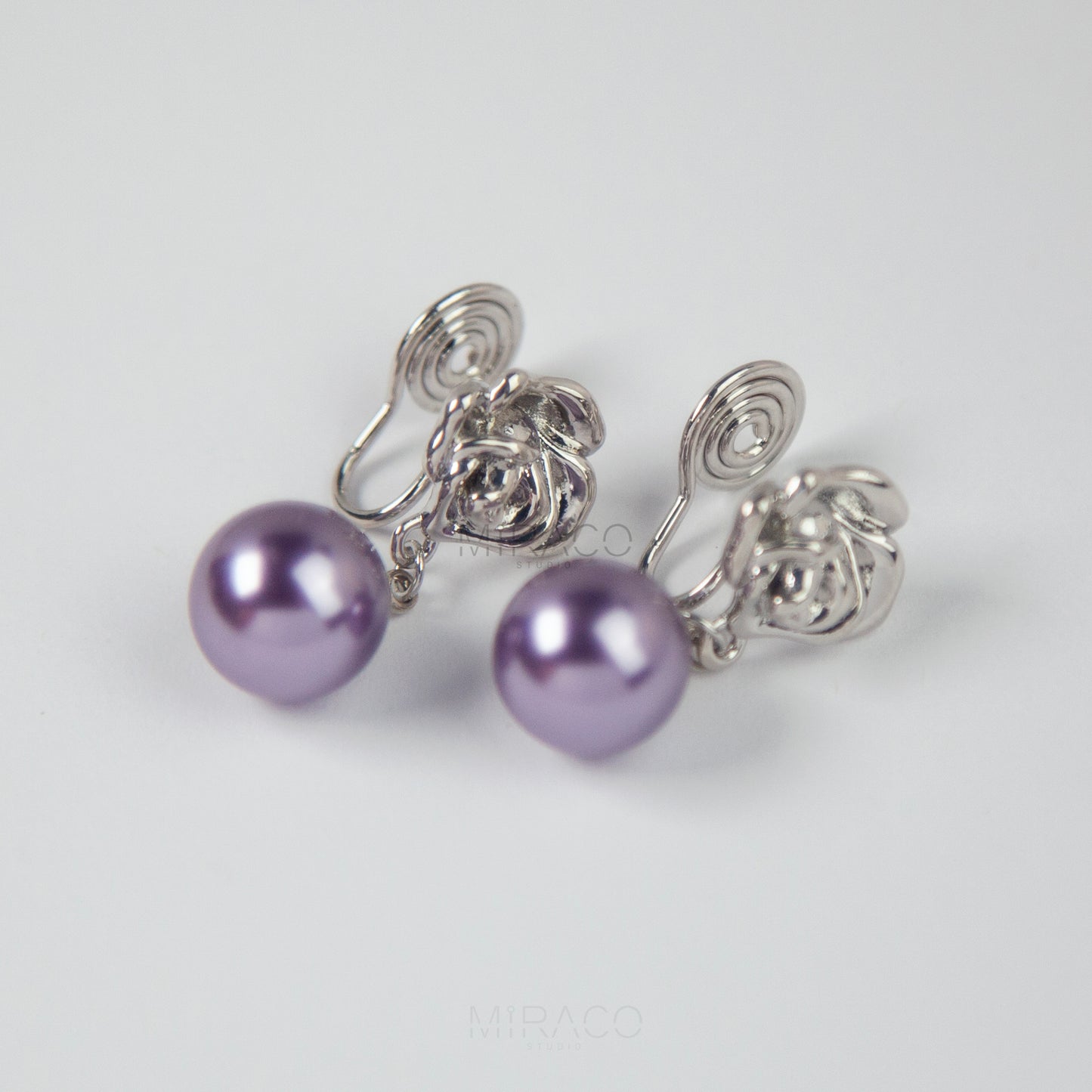 Coil Back Rose Dangle Pearls Non Pierced Earrings, Purple Pearl Silver Flower Earring