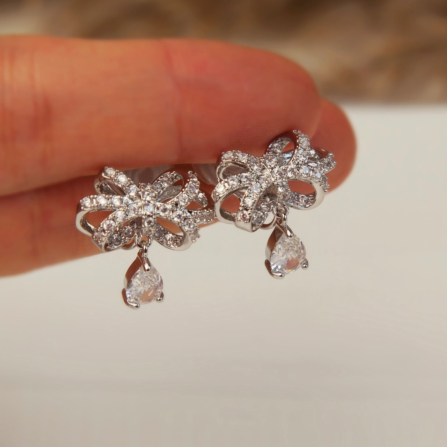 Crystal Bowknot Stud Drop Clip-On Earrings, Sparkling Clip On Earrings, Diamond Clip Ons for Non-Pierced Ears, Shimmering Butterfly Bow Stud