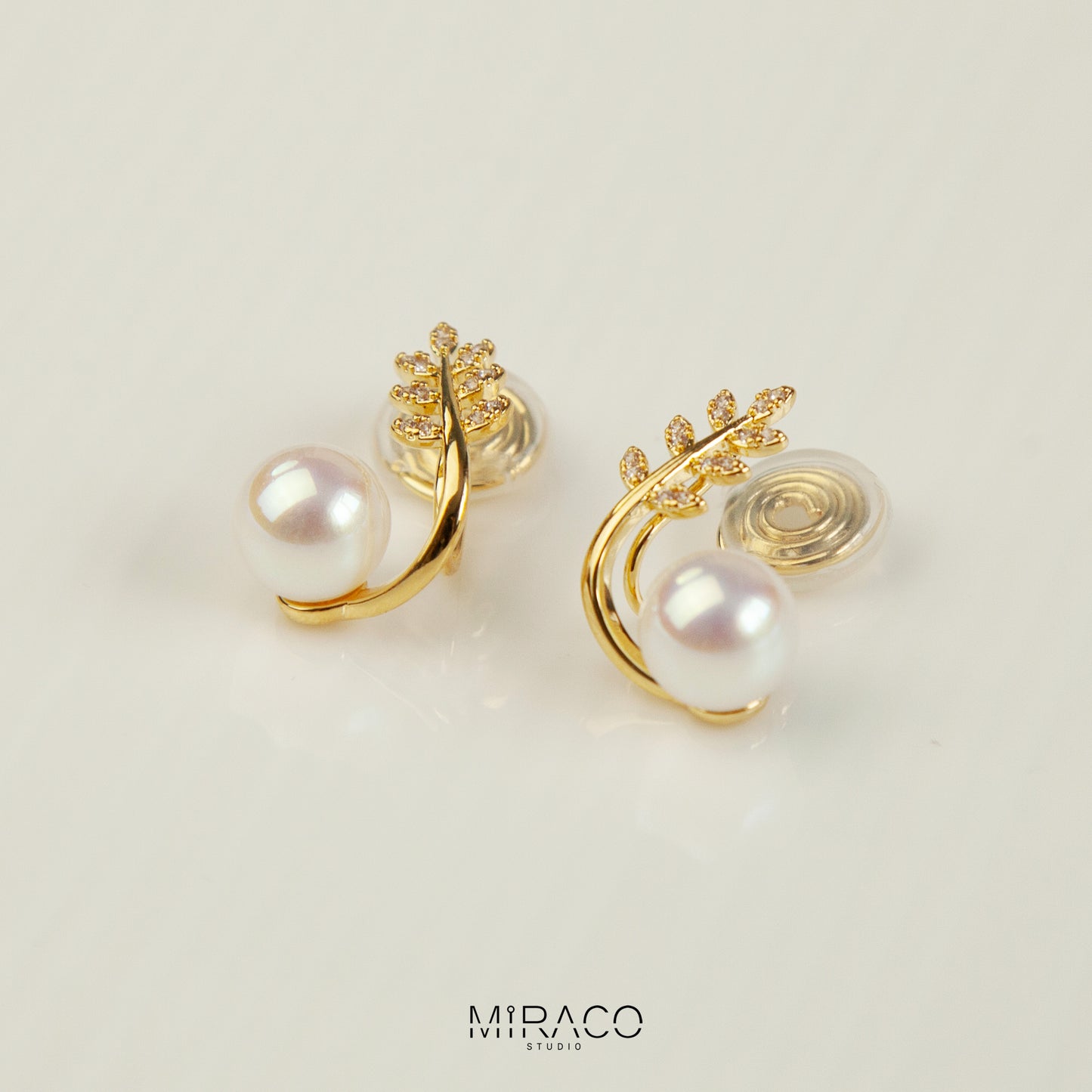 Crystal Leaf Stud Ear Wrap, Pearl Studs With Leaf Pave Diamond, None Pierced Ear Climber