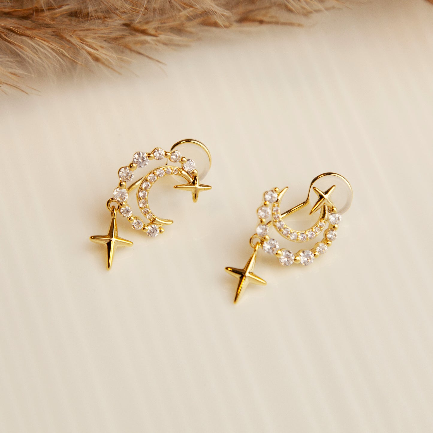 Crystal Moon Clip On Earrings, Gold Plated Star and Moon Diamond Clip On Earrings, Clip On Moon Studs, Non Pierced Dangle Star Earrings, Clip On Earrings for Unpierced Ears